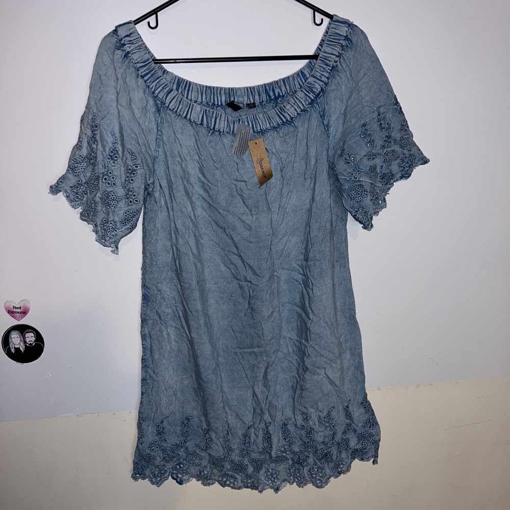 Women’s One-Shoulder Light Blue Dress with Eyelet Trim